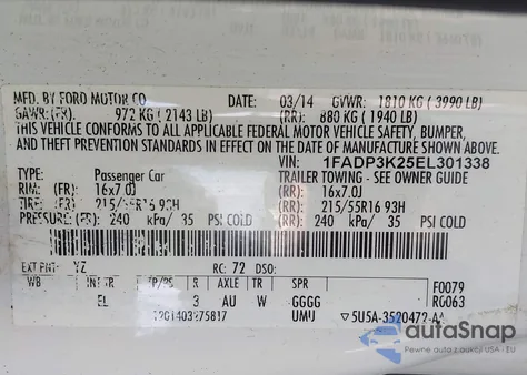 2014 Ford Focus Se из США, поврежденный, VIN 1FADP3K25EL301338